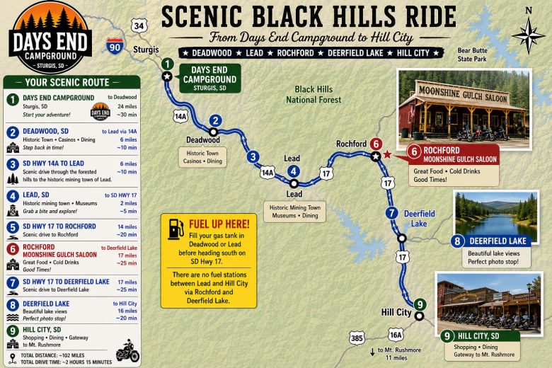 Scenic Black Hills motorcycle ride map from Days End campground through Deadwood, Lead , Rochfor, Deerfield Lake and Hill City